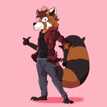 brown_hair fingerguns flannel flannel_shirt hair male pose purple_eyes simple_background solo videos_or_whatever orion_(theirishwah) ailurid mammal red_panda 1:1 hi_res