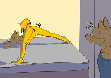 adam's_apple anthro ass_up bed blush bow_tie breasts bulging_eyes butt cheek_tuft clothing collarbone curled_tail duo ear_tuft facial_tuft female flustered fur furniture genitals grabbing_sheets jack-o'_pose male medium_breasts navel nude on_bed pose presenting presenting_hindquarters presenting_vulva shirt simple_background spread_legs spreading tail topwear tuft vulva yellow_body yellow_fur himynameis canid canine mammal absurd_res digital_media_(artwork) digital_painting_(artwork) hi_res painting_(artwork) shaded simple_shading