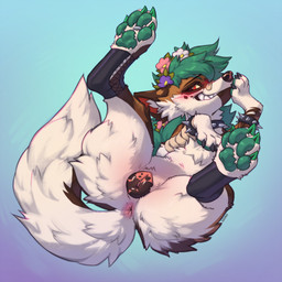 accessory animal_genitalia animal_vulva anus band-aid band-aid_on_face band-aid_on_nose bandage bandage_on_face bandage_on_nose blush bracelet butt canine_genitalia canine_vulva claws female feral flower flower_in_hair fluffy fluffy_tail genitals green_claws green_hair green_pawpads hair hair_accessory jewelry mottled mottled_genitalia mottled_vulva pawpads plant red_eyes solo spiked_bracelet spikes tail toe_claws vulva k0ira loudly_(character) canid canine canis domestic_dog mammal 1:1 hi_res