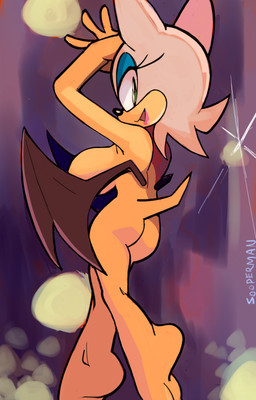 anthro breasts butt camera_flash covering covering_breasts female looking_at_viewer public public_nudity smile solo standing tail walking wings sooperman sega sonic_the_hedgehog_(series) rouge_the_bat bat mammal 2026 hi_res