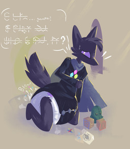 ambiguous_gender anthro backlighting bent_arm black_body black_fur black_inner_ear black_onesie black_tail block bodily_fluids clothed clothing cloud_emanata crayon dialogue diaper diaper_puff diaper_under_clothing diaper_under_onesie emanata embarrassed feces fur head_tuft kneeling light one_eye_obstructed onesie partially_clothed plushie pooping purple_eyes simple_background soiled_diaper soiling soiling_diaper solo sound_effects stink_fumes sweat sweatdrop tail talking_to_viewer tan_background text tuft unclean_diaper used_diaper vowelless vowelless_sound_effect vowelless_vocalization wearing_diaper goatedout tunic_(video_game) the_librarian_(tunic) canid canine fox mammal 2025 character_cipher constructed_script hi_res lighting translated trunic_text