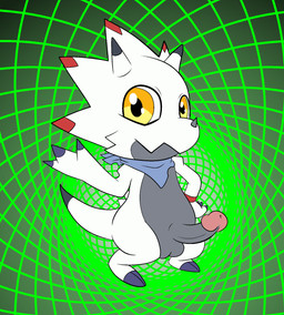 anthro balls erection genitals geometric_background grey_body grid_background horn male markings mostly_nude nude pattern_background penis red_markings scarf scarf_only simple_background solo white_body yellow_eyes darkajugin bandai_namco digimon digimon_(species) gammamon hi_res