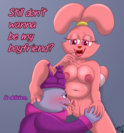 aged_up anthro anus areola barefoot belly blush bodily_fluids breast_squish breasts cat-bear-rabbit-thing clitoris clothed clothed_male clothing colored_nails cunnilingus dialogue dominant dominant_female duo eyelashes feet female finger_to_mouth foot_on_head genital_fluids genitals hand_holding hand_on_leg hand_on_thigh hat headgear headwear licking licking_vaginal_fluids looking_pleasured male male/female nails navel nipples nude nude_female open_mouth oral pink_eyes racoon_stripes saliva scrunchie sex sharp_teeth simple_background sitting sniffing squish style_emulation submissive submissive_male swimwear teeth toenails toes tongue tongue_out vaginal vaginal_fluids vulva captain_mooncat cartoon_network chowder_(series) chowder panini_(chowder) bear lagomorph leporid mammal rabbit unknown_species 2025 absurd_res hi_res
