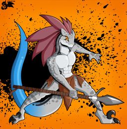 anthro blue_tail grey_body male melee_weapon polearm pose solo spear tail weapon yellow_eyes phunter15 dungeons_and_dragons hasbro wizards_of_the_coast yu'hiss lizard lizardfolk_(dnd) lizardman reptile scalie absurd_res hi_res