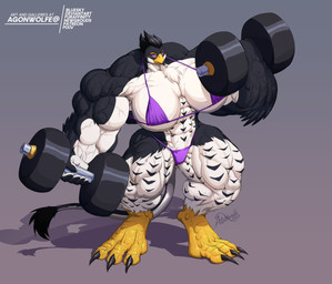 anthro big_breasts big_muscles bikini biped breasts claws clothing digitigrade dumbbell exercise female female_anthro huge_breasts huge_muscles hyper hyper_muscles muscular purple_eyes solo swimwear two-piece_swimsuit weights workout agonwolfe mario_bros nintendo avian