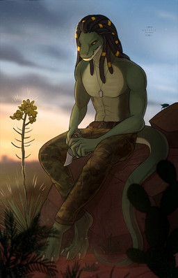 anthro biped clothed clothing countershading dreadlocks green_body green_scales hair jewelry knife male necklace rock scales sitting solo topless natalie_de_corsair ikshun alligator alligatorid crocodilian reptile scalie hi_res