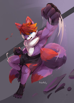 3_tails anthro bottomwear clothing debris digitigrade featureless_chest feet fur hair male multi_tail multicolored_body multicolored_fur muscular muscular_arms muscular_male navel open_mouth perspective serious serious_face shorts simple_background solo tail tongue waddledox canid canine fox mammal hi_res