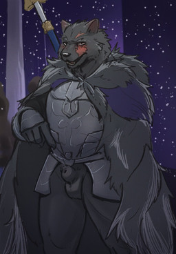 animal_genitalia anthro armor balls blush bottomless cape clothed clothing fully_sheathed fur genitals gesture hand_gesture looking_at_viewer male melee_weapon muscular muscular_anthro muscular_male night outside pointing scar sheath sky smile solo standing star starry_sky sword teeth tuft unconvincing_armor weapon oz_l4n elden_ring fromsoftware blaidd_(elden_ring) canid canine canis mammal wolf 2022 hi_res