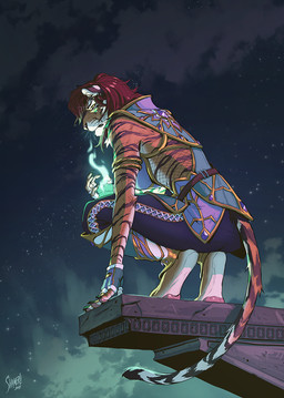 anthro armor barefoot belt claws clothed clothing crouching feet female finger_claws fingerless_gloves frown fully_clothed fur gloves hair handwear looking_aside magic night orange_body orange_fur pawpads paws red_hair scowl sky solo star starry_sky stripes tail whisker_spots whiskers shamerli kyana_(kyanakat) felid mammal pantherine tiger 2023 digital_media_(artwork) hi_res signature