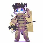 3_toes ambiguous_gender anthro armor binoculars black_ears black_markings black_pawpads black_sclera black_tail blue_eyes body_armor bottomwear bullpup_rifle cactus camo camo_bottomwear camo_clothing camo_headgear camo_helmet camo_pants camo_print canadian_flag clenched_teeth clothing cute_fangs fangs feet fingerless_gloves front_view fur furgonomics gesture gloves grey_body grey_fur grey_tail gun hand_on_hip handwear headgear helmet knee_pads logo looking_at_viewer magazine_(gun) maple_leaf markings military_uniform multicolored_body multicolored_fur multicolored_tail pants pattern_bottomwear pattern_clothing pattern_headgear pattern_helmet pattern_pants pawpads plant pose pouches pupils ranged_weapon rifle silencer simple_background smile solo standing straps striped_markings stripes tail tan_bottomwear tan_clothing tan_helmet tan_pants teeth text toes uniform weapon white_background white_body white_fur presto_(artist) verk_(presto) felid feline lynx mammal 1:1 2017 dated digital_media_(artwork) english_text hi_res signature male_(lore)