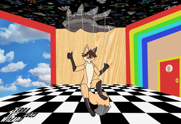 4_toes 5_fingers ambiguous_gender anthro biped brown_hair checkered checkered_floor cloud countershade_face countershade_torso countershading dipstick_tail disembodied_hand door eyebrows featureless_crotch feet fingers floor fur gloves_(marking) green_eyes hair leg_markings markings nude photo_background puppet puppet_strings puppeteer rainbow sky socks_(marking) solo string tail tail_markings tan_body tan_countershading text toes terrathewizard glitch_productions the_amazing_digital_circus navirus_(syrup-taifh) canid canine fox mammal 2023 artist_name dated digital_drawing_(artwork) digital_media_(artwork) hi_res mixed_media photography_(artwork)