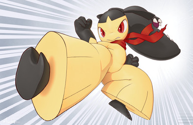 2_toes 3_fingers action_pose ambiguous_gender bangs bent_leg black_body black_hair featureless_crotch feet fingers glistening glistening_eyes gloves_(marking) hair hair_mouth kick markings open_mouth pose red_eyes scarf sharp_teeth soles solo speed_lines teeth toes yellow_body mawaifu nintendo pokemon generation_3_pokemon humanoid mawile pokemon_(species) 2024 absurd_res hi_res