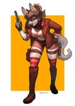 anthro breasts clothing female fur gun hair handgun holding_object looking_at_viewer m1911 pistol ranged_weapon simple_background solo weapon pgm300 danielle_(andiim) canid canine mammal maned_wolf 2021 absurd_res digital_media_(artwork) hi_res shaded