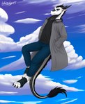 anthro black_hair bottomwear cape clothing cloud eyewear fur glasses hair hoodie horn long_tail male pants scales sky solo tail topwear white_body white_fur aydaharart mythology dragon eastern_dragon furred_dragon furred_scalie mythological_creature mythological_scalie scalie absurd_res hi_res