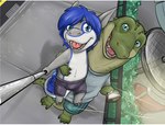 anthro braces cellphone clothed clothing detailed_background duo electronics lifting_another looking_at_viewer male phone selfie selfie_stick semi-anthro sharp_teeth smile teeth benji_(artist) benji_alligator_(benji) alligator alligatorid crocodilian reptile scalie letterbox