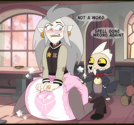 abdl ageplay anthro big_diaper blush bone clenched_teeth clothed clothing diaper diaper_puff digit_ring duo ear_piercing fangs female finger_ring grey_hair hair heterochromia infantilism inside jewelry kneeling male piercing pink_diaper ring roleplay skull skull_head teeth wearing_diaper yellow_sclera jupiters disney the_owl_house eda_clawthorne king_clawthorne canid canid_demon demon humanoid mammal titan_(the_owl_house) witch_(the_owl_house) hi_res