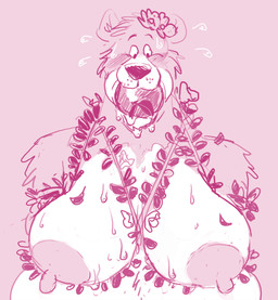 accessory anthro areola bdsm big_breasts blush blush_lines bodily_fluids bondage bound breasts flower flower_in_hair front_view fruit_in_mouth fur gag gagged hair hair_accessory intersex nervous nervous_sweat nipples plant solo sweat vine_bondage vines wide_eyed bondagefanart disney talespin the_jungle_book baloo bear mammal 2026 half-length_portrait monochrome pink_and_white portrait busty_boy_(lore)
