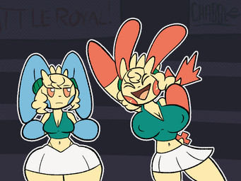 after_transformation blue_ears bottomwear breasts cheek_spots cheerleader cheerleader_outfit clothing crop_top dialogue earband female flashing flashing_breasts genitals hair happy jumping miniskirt minus_sign orange_eyes plus_sign red_ears shaking_hips shirt short_hair skirt text topwear waving_arms yelling yellow_body chabble nintendo pokemon generation_3_pokemon lagomorph mammal minun plusle pokemon_(species) 2d_animation animated colored english_text frame_by_frame