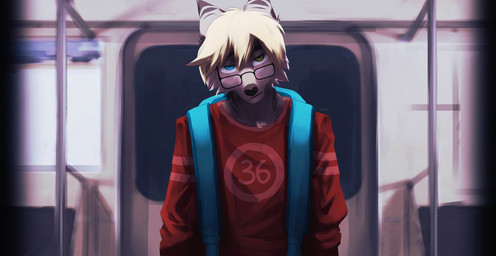 anthro backpack black_nose blonde_hair blue_backpack blue_eyes cheek_tuft clothed clothing facial_tuft front_view fur green_eyes grey_body grey_fur hair heterochromia looking_at_viewer male mouth_closed narrowed_eyes red_clothing red_topwear solo standing subway text topwear tuft unknowhiter canid mammal 2017 artist_name half-length_portrait portrait