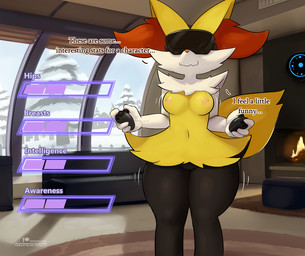 anthro areola atf_transformation biped black_body black_fur breast_growth breasts detailed_background dialogue female female_anthro fingers fur gender_transformation genitals growth itf_transformation medium_breasts multicolored_body multicolored_fur nipples nude nude_anthro nude_female red_body red_fur shadow smile solo standing stats tail teeth text transformation unaware_transformation vulva white_body white_fur yellow_areola yellow_body yellow_fur yellow_nipples yellow_tail ozoneserpent nintendo pokemon braixen generation_6_pokemon pokemon_(species) 2026 english_text