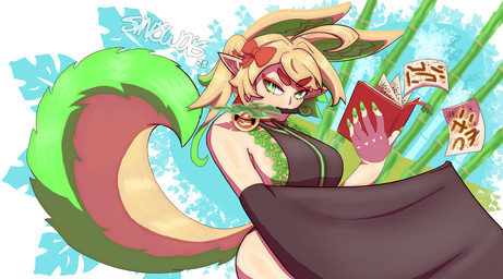 ahoge asian_clothing bamboo bedroom_eyes bell bell_collar big_breasts blonde_hair book breasts chinese_clothing chinese_dress clothing collar curled_tail curvy_figure dagger dress east_asian_clothing eyes_closed facial_markings female footwear fur green_eyes hair head_markings knife lace leaf legwear markings melee_weapon narrowed_eyes ninja pointy_ears ponytail red_markings ribbons sandals seductive shoes solo tail thigh_highs warrior weapon wide_hips wide_sleeves yellow_body yellow_fur sin'twais animal_humanoid canid canid_humanoid canine canine_humanoid dog_humanoid humanoid mammal mammal_humanoid absurd_res hi_res