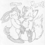 absurd_res anthro canid canine caribbean_fox_(character) cute_fangs dialogue duo english_text eye_contact fox graphite_(artwork) greyscale heart_symbol hi_res looking_at_another male male/male mammal mizzyam monochrome nude open_mouth pencil_(artwork) sad semi-anthro side_view sitting speech_bubble spotted_bunny standing text traditional_media_(artwork)