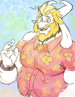 aloha_shirt anthro beard blonde_hair blue_eyes blush body_hair chest_hair clock clothed clothing collared_shirt dress_shirt facial_hair fur hair horn long_ears male mature_anthro mature_male mustache open_mouth overweight overweight_anthro overweight_male pattern_clothing pattern_shirt pattern_topwear shirt simple_background smile solo tongue topwear watch white_body white_fur wristwatch kihu undertale undertale_(series) asgore_dreemurr boss_monster_(undertale) bovid caprine mammal
