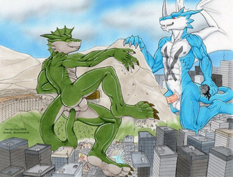 abs anal anal_masturbation anal_penetration anthro autopenetration balls biceps blue_body blue_skin bodily_fluids claws cloud countershading cum destruction double_penetration duo erection genital_fluids genitals holding_object horn macro male markings masturbation membrane_(anatomy) membranous_wings muscular nipples nude outside pecs penetration penis red_eyes scales sky tail tail_fetish tail_in_ass tail_in_own_ass tail_insertion tail_masturbation tail_play toe_claws tunnel vein wings yellow_eyes haruto_ryuu bandai_namco digimon everquest mythology ssvanti xbuimonsama digimon_(species) dragon exveemon iksar mythological_creature mythological_scalie scalie 2010