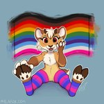 anthro brown_body brown_fur brown_hooves cheek_tuft clothing facial_tuft female front_view fur glistening glistening_eyes hair hooves legwear lgbt_pride looking_at_viewer open_mouth open_smile pattern_clothing pattern_legwear pride_colors rainbow_pride_colors red_eyes sitting smile solo striped_clothing striped_legwear stripes tan_body tan_fur text tuft white_body white_fur white_hair mylafox 1:1 2021 hi_res url