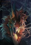 ambiguous_gender anthro cigar fur hair horn smile smoking solo yellow_eyes ravoilie mythology dragon furred_dragon furred_scalie mythological_creature mythological_scalie scalie 2022 bust_portrait digital_media_(artwork) portrait