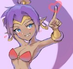 bandeau blue_eyes blush breasts brown_body brown_skin clothing dark_body dark_skin ear_piercing ear_ring female gold_(metal) gold_jewelry hair heart_symbol high_ponytail humanoid_pointy_ears jewelry not_furry piercing pointy_ears ponytail purple_background purple_hair red_bandeau red_clothing red_topwear ring ring_piercing simple_background smile solo topwear aspara shantae_(series) wayforward shantae genie humanoid mammal 2023 digital_drawing_(artwork) digital_media_(artwork) hi_res