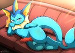 animal_genitalia animal_penis balls blue_body blue_eyes blush canine_genitalia canine_penis erection feral furniture genitals knot lying male male_feral on_side on_sofa penis sofa solo text thick_thighs cloudeon nintendo pokemon eeveelution generation_1_pokemon pokemon_(species) vaporeon hi_res shaded url