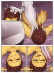 anthro bed bedroom_eyes big_butt boss_monster_(undertale) bovid brown_hair butt caprine comic deltarune detnox exclamation_point femboy furniture genitals goat gynomorph gynomorph/male hair heart_symbol hi_res human human_on_anthro intersex intersex/male interspecies kris_(deltarune) male mammal narrowed_eyes nude on_bed penis red_eyes seductive slammed smile tongue tongue_out toriel undertale undertale_(series) white_body yellow_body