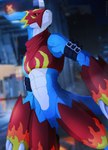 abs anthro armor athletic athletic_anthro athletic_male belt blue_body clothing crop_top featureless_crotch male midriff red_eyes shirt solo straps topwear lehvoe bandai_namco digimon digimon_(species) flamedramon scalie hi_res