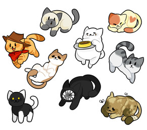 ambiguous_gender bandage bandaged_tail black_body black_fur bowl brown_body brown_fur clothing container cowboy_hat dot_eyes eyes_closed feral food_on_face fur grey_body grey_fur group hat headgear headwear heart_(marking) kerchief markings missing_eye neckerchief neckwear notched_ear orange_body orange_fur overweight overweight_feral paws pet_bowl pet_food red_kerchief red_neckerchief simple_background simple_eyes tail white_background white_body white_fur yellow_eyes bearclops_(artist) neko_atsume billy_the_kitten cocoa_(neko_atsume) fan_character glunkus_(suprememeep) hobo_(suprememeep) marshmallow_(neko_atsume) peaches_(neko_atsume) pickles_(neko_atsume) socks_(neko_atsume) ambient_arthropod ambient_fly ambient_insect domestic_cat felid feline felis mammal 2015 cel_shading digital_drawing_(artwork) digital_media_(artwork) shaded