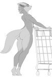 anthro big_butt biped breasts butt female fur grey_body grey_fur looking_back nude shopping_cart side_boob solo standing rheumatism canid canine canis mammal wolf hi_res monochrome