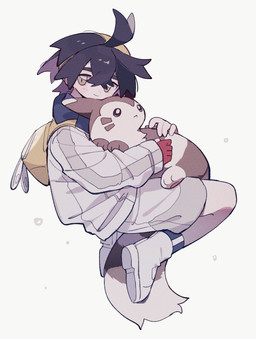 ambiguous_gender clothed clothing cuddling duo feral male simple_background white_background omumorning nintendo pokemon kieran_(pokemon) furret generation_2_pokemon human mammal pokemon_(species) hi_res