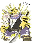 anthro bottomwear clothing footwear fur humanoid_hands kemono male pants sandals shoes solo teeth weapon yellow_body yellow_fur kinoshita-jiroh the_spicy_ninja_scrolls benkei_(the_spicy_ninja_scrolls) felid mammal pantherine tiger 2021