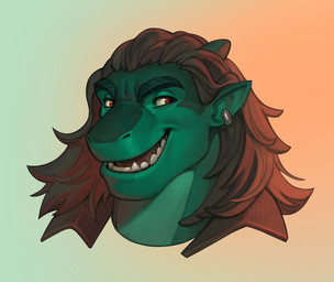 anthro brown_hair ear_piercing ear_ring gradient_background green_body hair male male_anthro open_mouth open_smile piercing red_eyes ring_piercing short_hair simple_background smile solo edvardiko mythology dragon mythological_creature mythological_scalie scalie absurd_res headshot_portrait hi_res portrait