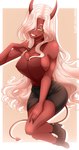 big_breasts bottomwear breasts clothing dark_body dark_skin dress female hair halterneck horn long_hair looking_at_viewer miniskirt nipple_outline not_furry skirt sleeveless_clothing smile solo spade_tail tail white_hair honey_pot_arts demon succubus 2023 absurd_res hi_res