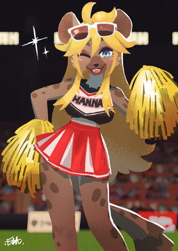 anthro biped black_clothing black_shirt black_topwear blonde_hair blue_eyes blurred_background bottomwear breasts brown_body brown_fur cheerleader cheerleader_outfit clothing eyewear eyewear_on_head female fur hair hair_between_eyes holding_pom_poms long_hair looking_at_viewer markings medium_breasts midriff one_eye_closed open_mouth outside pleated_skirt pom_poms red_bottomwear red_clothing red_skirt sharp_teeth shirt skirt sleeveless_shirt smile solo spots spotted_body spotted_fur stadium standing sunglasses sunglasses_on_head tail teeth topwear el-k vtuber buchiage_hannah hyena mammal spotted_hyena absurd_res hi_res signature