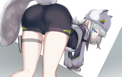 animal_ears bare_legs beanie bent_over black_bodysuit black_bottomwear black_clothing black_shorts black_skinsuit blue_eyes bodysuit bottomwear breasts butt clothing coat female grey_hair hair hat headgear headwear long_hair looking_back medium_breasts multi_ear shorts simple_background skinsuit tail tight_clothing topwear white_background white_clothing white_coat white_topwear mizuhashi arknights arknights_endfield hypergryph studio_montagne estella_(arknights) animal_humanoid felid felid_humanoid feline feline_humanoid humanoid mammal mammal_humanoid absurd_res hi_res