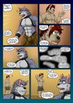5_fingers abs anthro blue_eyes bottomwear breaking_the_fourth_wall brown_body brown_eyes brown_fur bulge canid canine canis clenched_teeth clothing collar comic cuff_(restraint) dialogue distracted duo english_text exclamation_point fingers fur gesture grey_body grey_fur hair hand_behind_head harness hi_res humor male mammal muscular muscular_anthro muscular_male nipples open_mouth pecs plan question_mark rag ragged_clothing red_hair restraints review shackles shocked shorts shrug simple_background skeptical tattoo teeth text thought_bubble trust_issue vju79 wolf