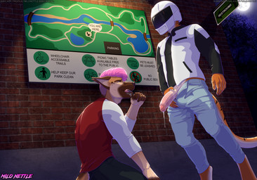 after_sex anonymous_sex anthro armor bathroom bathroom_sex bodily_fluids bottomwear clothing cum cum_drip cum_on_face cum_on_penis denim denim_bottomwear denim_clothing dripping duo faceless_anthro faceless_character faceless_male genital_fluids genitals headgear helmet humanoid_genitalia humanoid_penis jacket jeans licking licking_cum licking_lips male male/male motorcycle_helmet night outside pants park penis public public_sex risk_of_being_caught sex tail text tongue tongue_out topwear wiping_mouth milo_nettle milo_nettle_(character) canid canine canis domestic_dog felid german_shepherd herding_dog mammal pantherine pastoral_dog tiger english_text