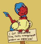 ambiguous_gender blue_body blue_feathers claws conversational_sign feathers feral humor on_sign purple_eyes red_body red_feathers sign signpost simple_background sitting solo teeth text toe_claws yellow_background yellow_body yellow_feathers i-block dogshaming nintendo pokemon archen avian fossil_pokemon generation_5_pokemon pokemon_(species) 2014 english_text meme