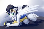 all_fours anthro anthrofied bedroom_eyes bulge clothed clothing crossdressing eyewear femboy goggles looking_at_viewer lying male narrowed_eyes one-piece_swimsuit seductive solo swimming_goggles swimwear wings dimfann third-party_edit yoditax friendship_is_magic hasbro my_little_pony mythology soarin_(mlp) wonderbolts_(mlp) equid equine mammal mythological_creature mythological_equine pegasus 2020 color_edit colored hi_res