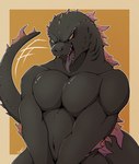 anthro male muscular muscular_anthro muscular_male navel open_mouth pecs simple_background solo tail tongue tongue_out kyron-ladon godzilla_(series) toho godzilla kaiju monster reptile scalie 2024 absurd_res hi_res