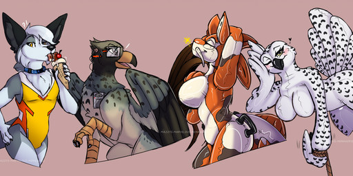 anthro beak breasts claws clothed clothing collar eunuch feathered_wings feathers female feral fur hair holding_object inner_ear_fluff looking_at_viewer male open_mouth sideless_swimsuit simple_background smile swimwear tail tongue tuft white_body wings chaoticmazzy mythology hestia_(ekronvulture) seolfor shinano_(dazzlesweettooth) strix_(tek314) amur_carp animate_inanimate aquatic avian bird canid canine carp cyprinid cypriniform fish fox gryphon koi mammal mythological_avian mythological_creature owl typical_carp absurd_res digital_media_(artwork) hi_res