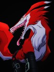 bodily_fluids feral fur leather long_snout long_tongue red_body red_fur saliva sharp_teeth snout solo straps teeth tongue tongue_out steven_purifoy bandai_namco digimon canid canine canis digimon_(species) fangmon mammal wolf 3:4 hi_res