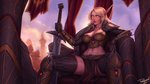 5_fingers areola armor athletic athletic_female athletic_humanoid banner blizzard_entertainment blonde_hair blood_elf breasts chair clothed clothing cloud collarbone digital_media_(artwork) elf female fingers front_view furniture hair hi_res holding_melee_weapon holding_object holding_sword holding_weapon humanoid humanoid_pointy_ears inside legwear light_body light_skin melee_weapon navel nipples not_furry personalami shaded sitting soft_abs solo spread_legs spreading sword tan_body tan_skin thigh_highs throne tight_armor warcraft weapon yellow_eyes
